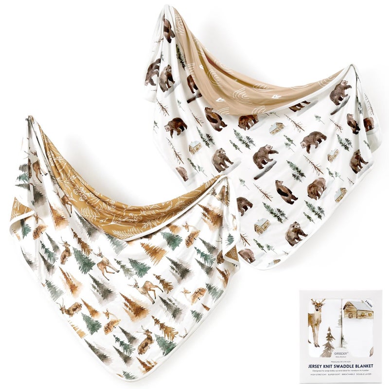GRSSDER Baby Blankets Super Soft Stretchy Jersey Swaddle Blanket 2 Pack for Baby Boys, Double Layer Reversible Receiving Blankets 34 x 44, Extra Large for Swaddling, Deer & Bear - Image 1